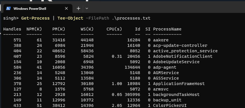 PowerShell Get-Process | Tee-Object command