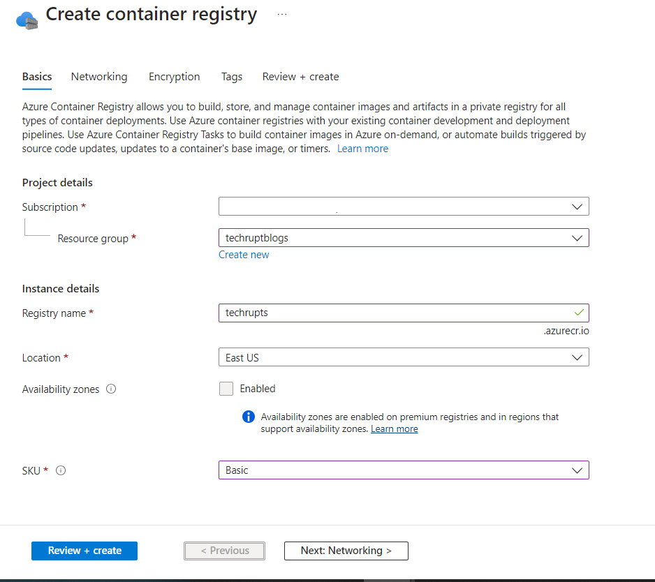 Create Container registry - Azure Portal