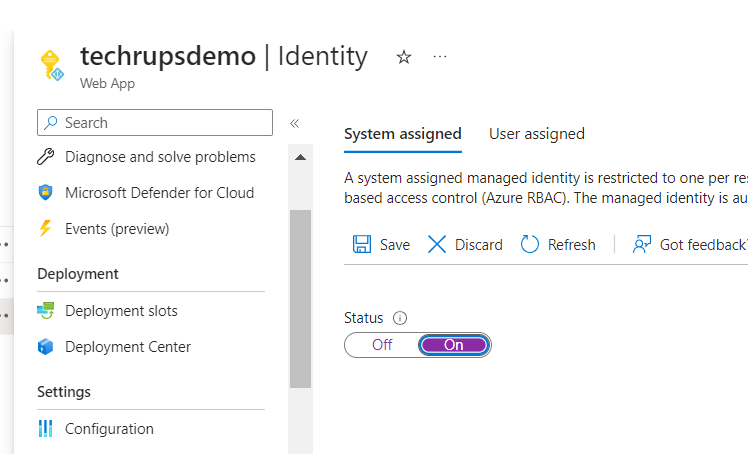 Enable System Assigned Identity - Azure Portal