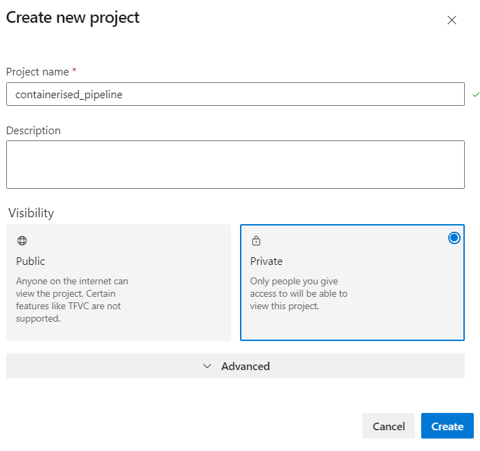 Create New Project - Azure DevOps